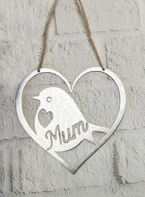 Mum Robin Steel Hanging Heart